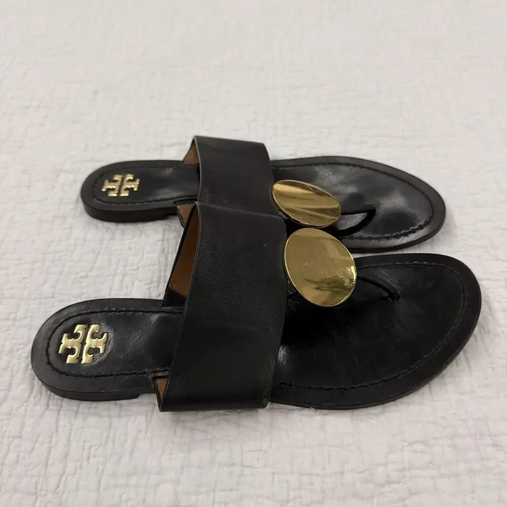 Tory Burch Patos Disk Slide Sandals Black/ Gold sz 8.5